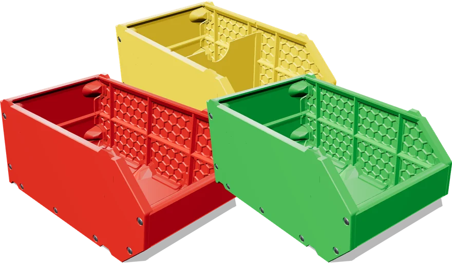 Bacs à bec sur mesure rouge, jaune et vert pour un atelier 5S