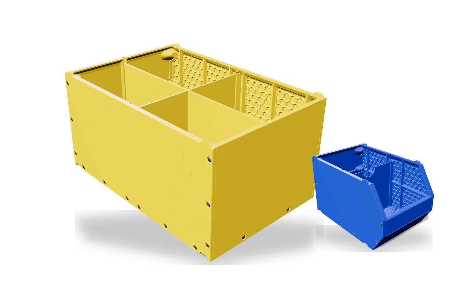 Bac plastique sur mesure jaune à quatre compartiments et bac à bec bleu posés sur un établi